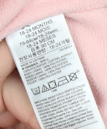 Close-up detail of Gap girls’ pink puffer jacket 18-24 months hooded winter ears