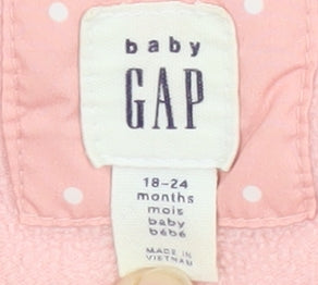 Brand and care label for Gap girls’ pink puffer jacket 18-24 months hooded winter ears