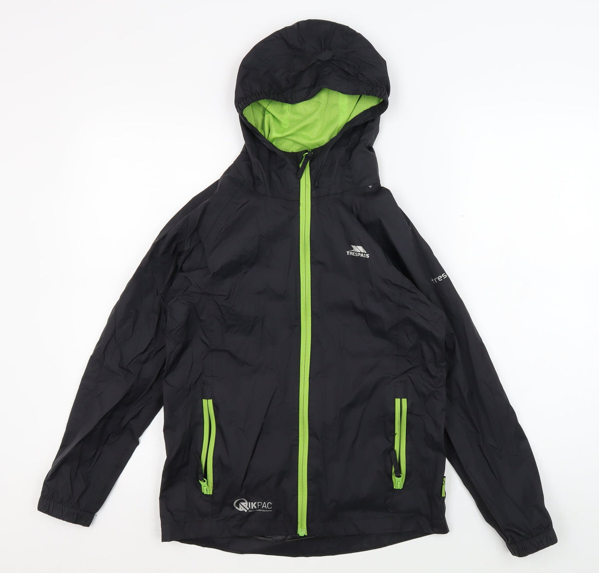 Additional front view of Trespass boys’ black windbreaker jacket, size 9-10