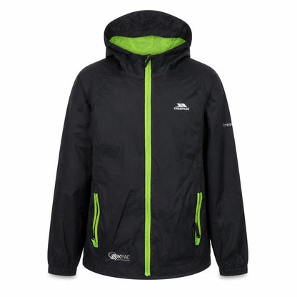 Front view of Trespass boys’ black windbreaker jacket, size 9-10