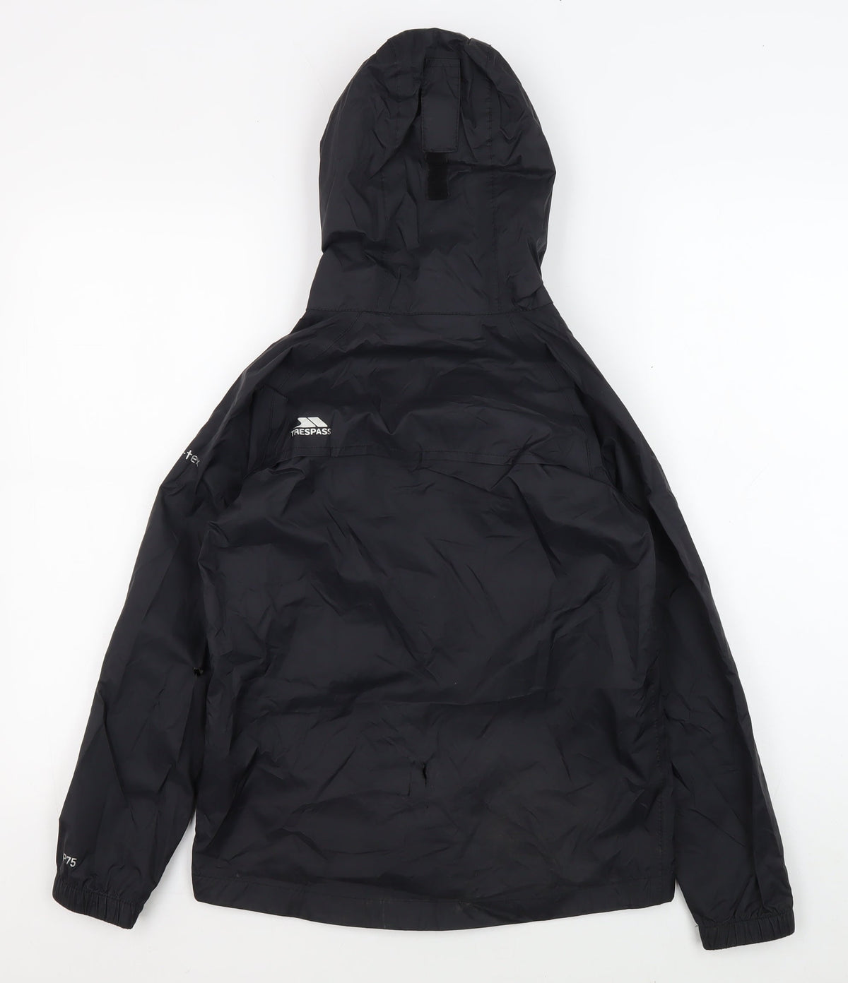 Back view of Trespass boys’ black windbreaker jacket, size 9-10