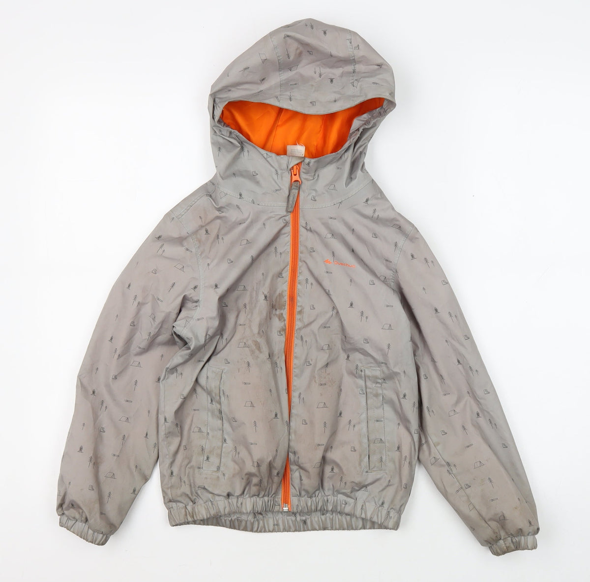 Additional front view of Decathlon girls’' grey rain coat, size 6, hooded outdoor jacket