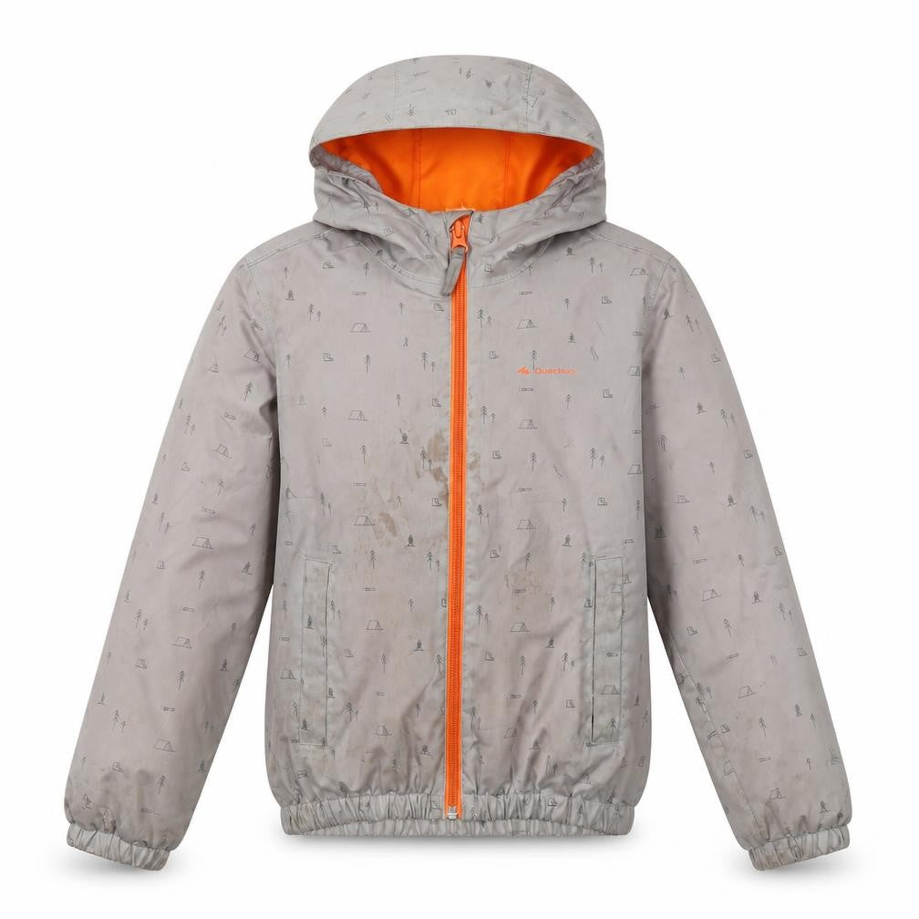 Front view of Decathlon girls’' grey rain coat, size 6, hooded outdoor jacket