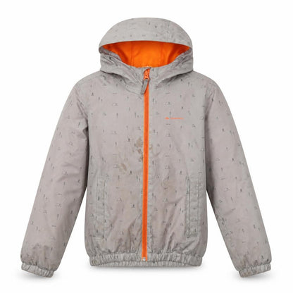 Front view of Decathlon girls’' grey rain coat, size 6, hooded outdoor jacket