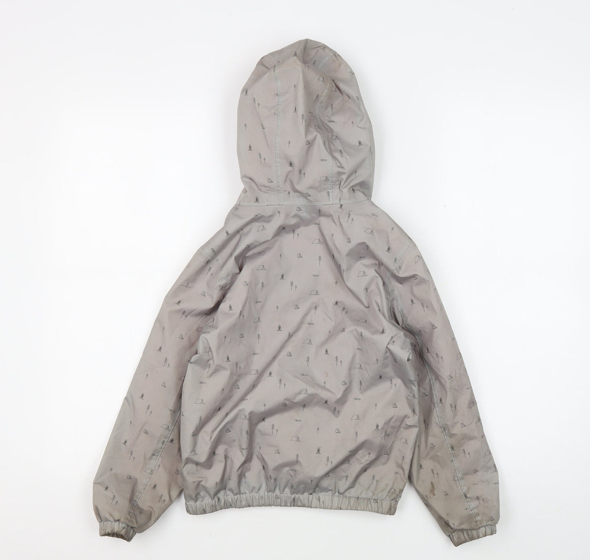 Back view of Decathlon girls’' grey rain coat, size 6, hooded outdoor jacket