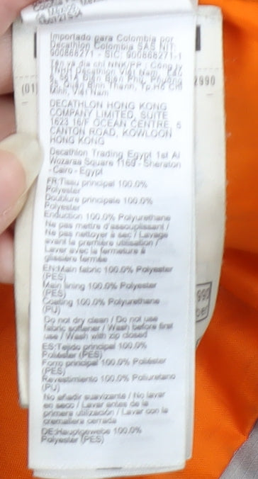 Close-up detail of Decathlon girls’' grey rain coat, size 6, hooded outdoor jacket