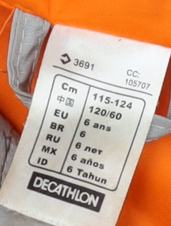 Brand and care label for Decathlon girls’' grey rain coat, size 6, hooded outdoor jacket