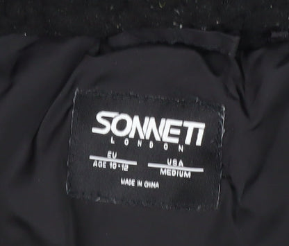 Brand and care label for Sonneti boys’ black puffer jacket - 10-12 years
