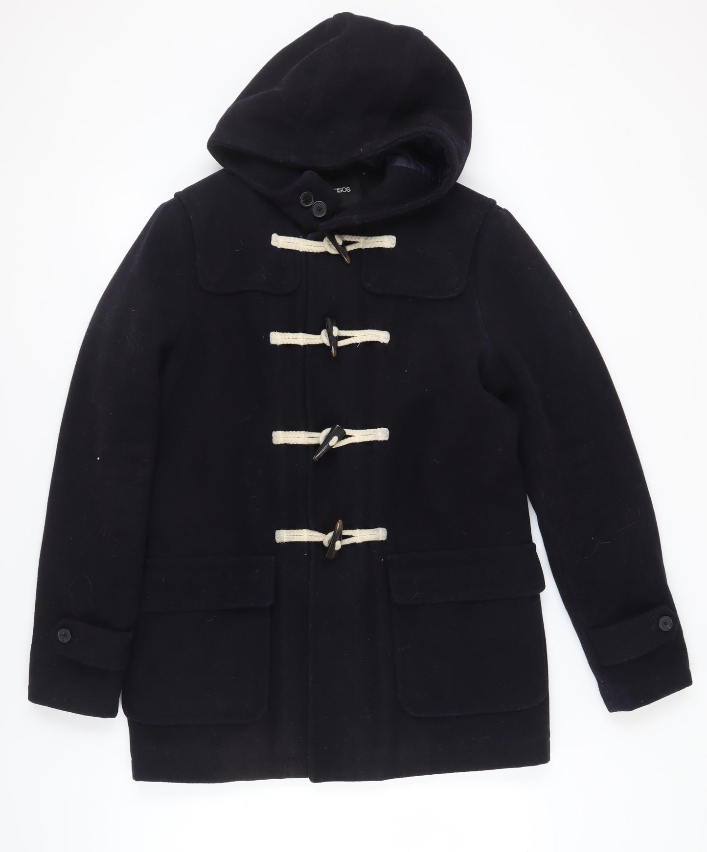 ASOS Unisex Black Duffle Coat with Hood, Size M