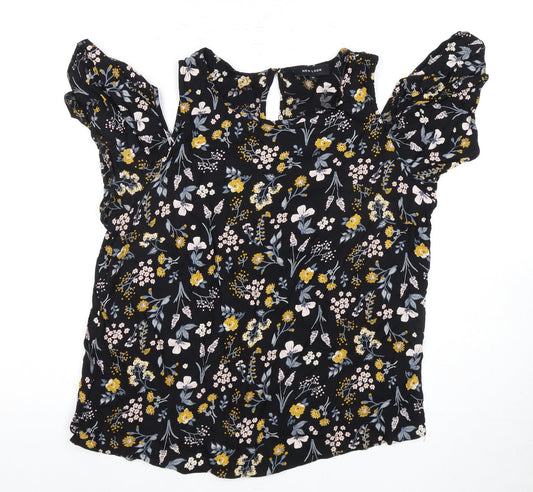 New Look Women's Black Floral Blouse, Size 16, Ruffle Detail