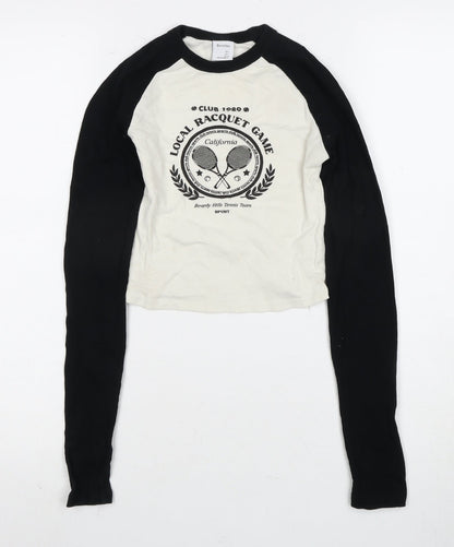 Bershka Women's Black & White Ringer T-Shirt, Size 8