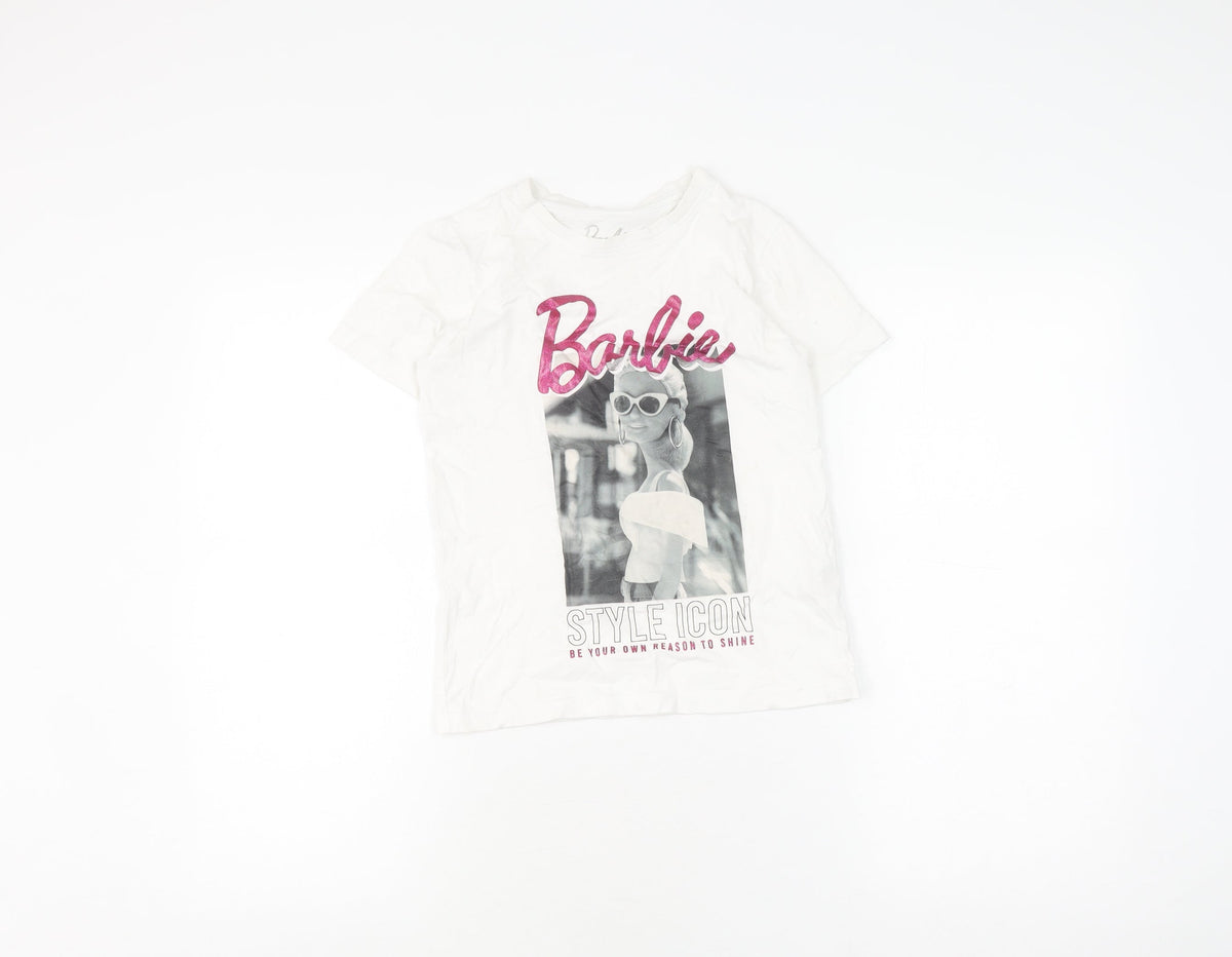 Additional front view of Barbie girls’ white t-shirt 7-8 years, graphic print jersey