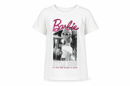 Front view of Barbie girls’ white t-shirt 7-8 years, graphic print jersey