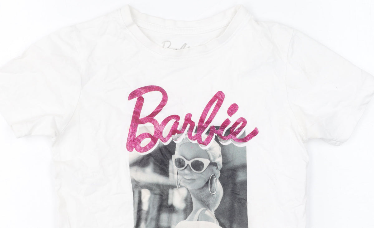 Close-up detail of Barbie girls’ white t-shirt 7-8 years, graphic print jersey