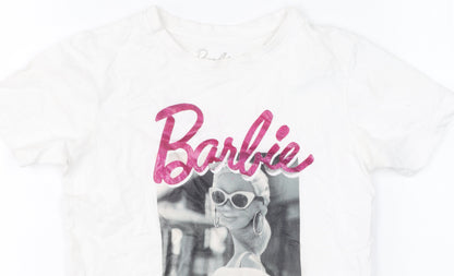 Close-up detail of Barbie girls’ white t-shirt 7-8 years, graphic print jersey