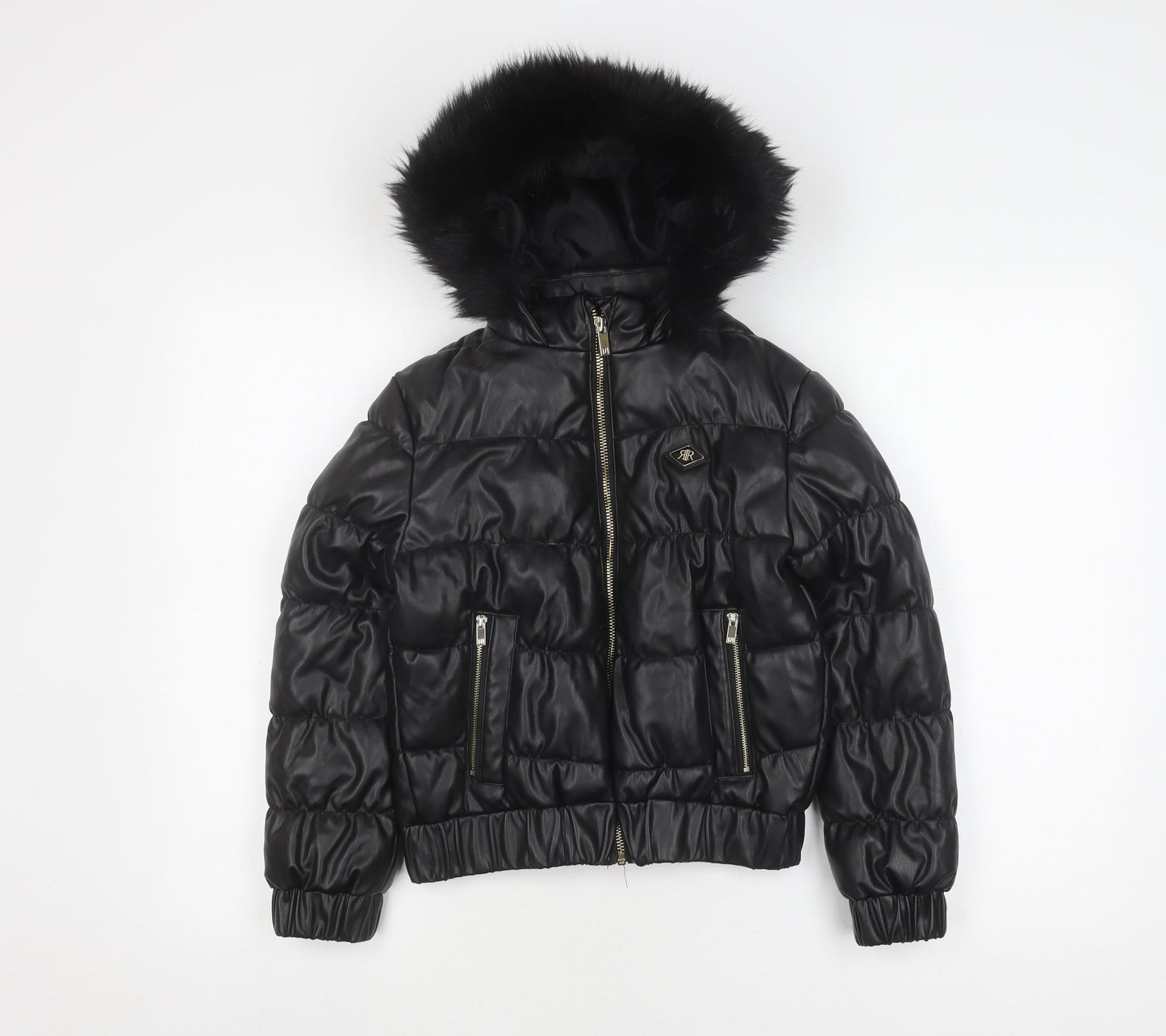 River Island Girls Black Puffer Jacket 9-10 Years with Hood