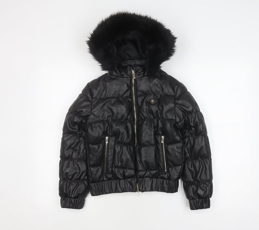 River Island Girls Black Puffer Jacket 9-10 Years with Hood