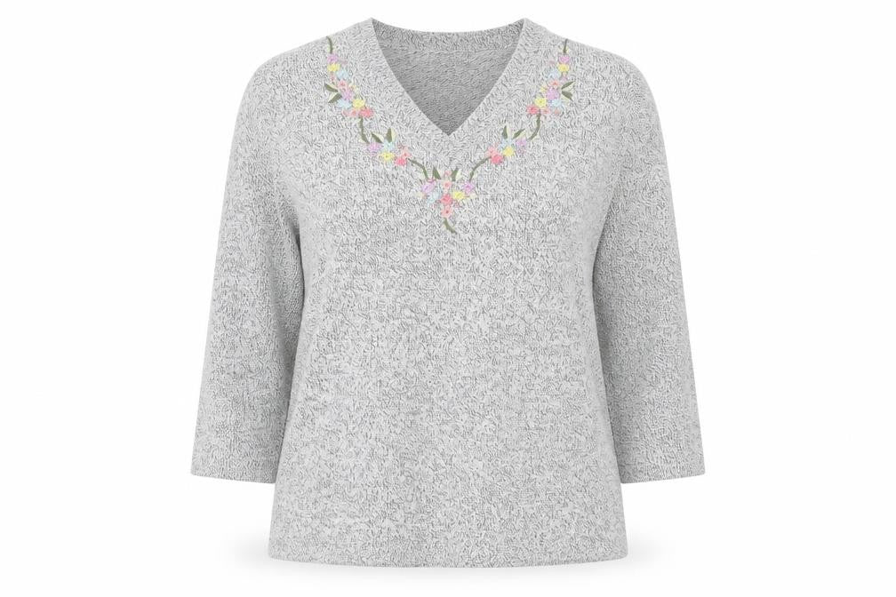 Damart Women's Grey Pullover Jumper M V-Neck 3/4 Sleeve