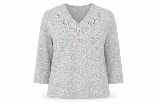 Damart Women's Grey Pullover Jumper M V-Neck 3/4 Sleeve