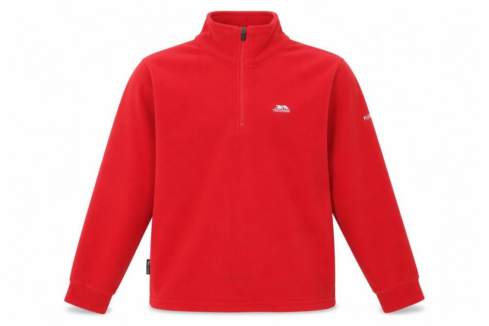 Front view of Trespass boys’ red fleece 1/4 zip sweatshirt 11-12 years