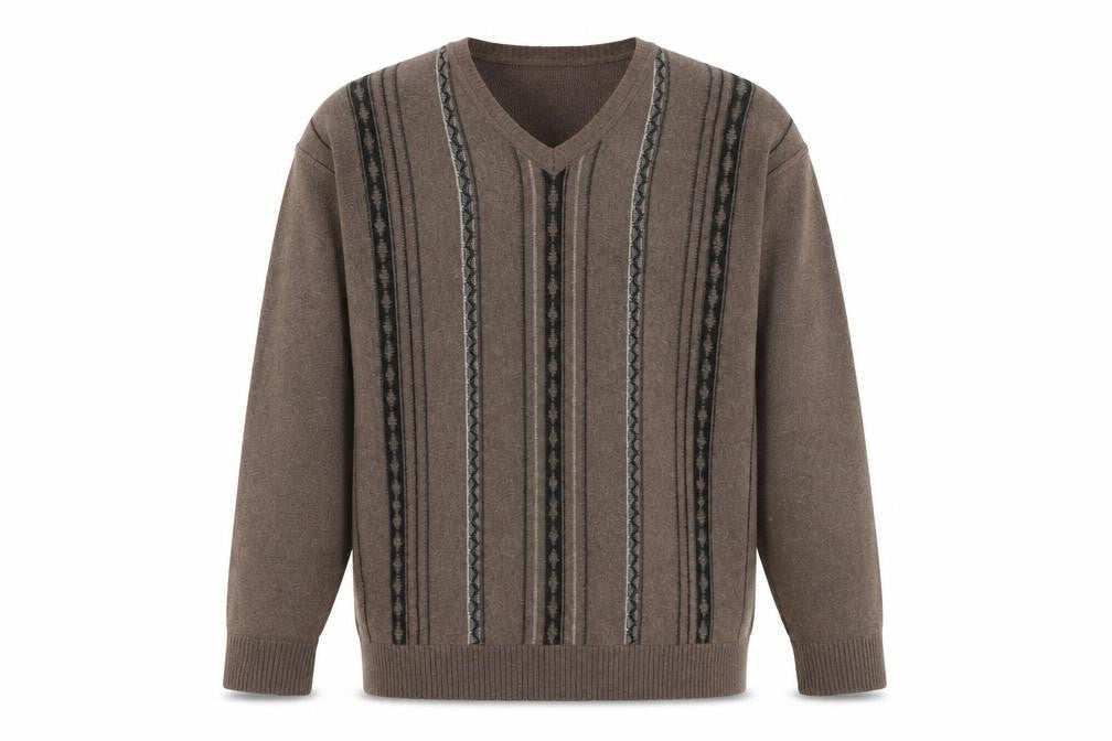 EWM Men's Brown Striped V-Neck Pullover Jumper L