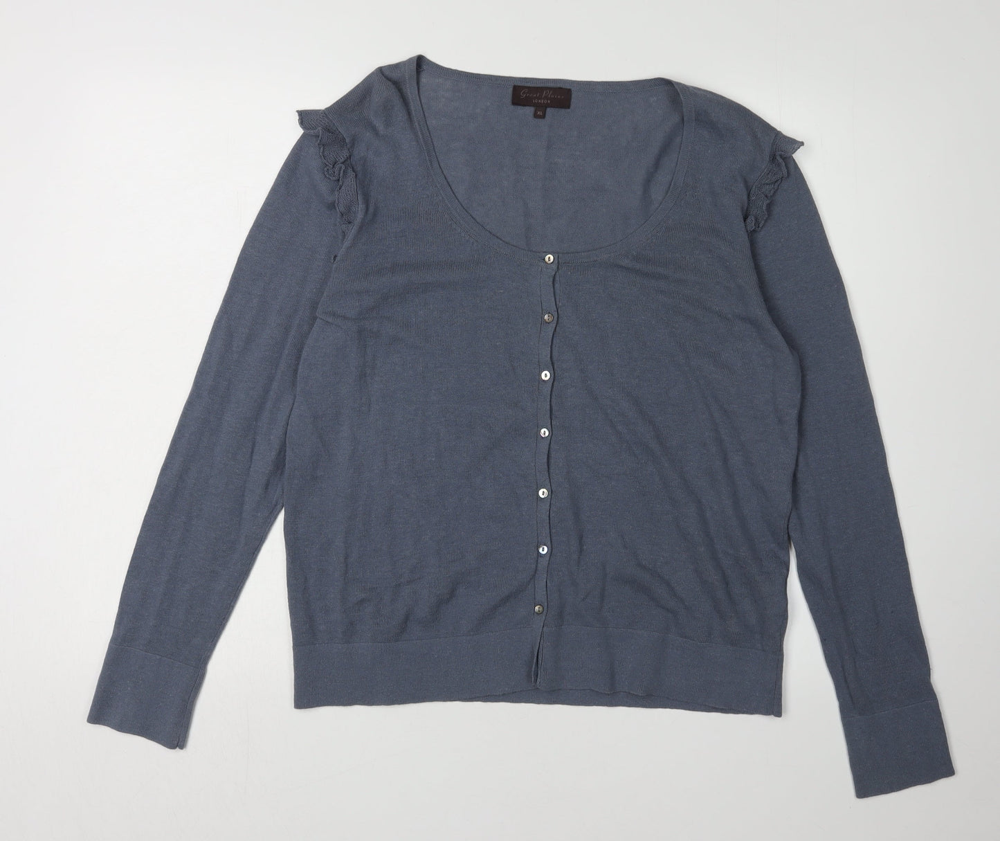 Great Plains Women's Blue XL Ruffle Cardigan