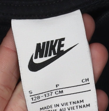 Close-up detail of Nike boys’ black sweatshirt, size S, sports pullover top
