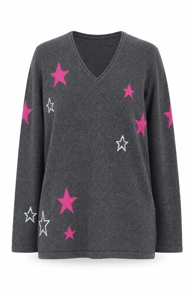 Marble Women's Grey V-Neck Star Pullover Jumper Size 12