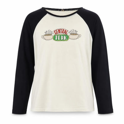 Front view of Friends girls’ t-shirt 12-14 yrs black ivory central perk long sleeve