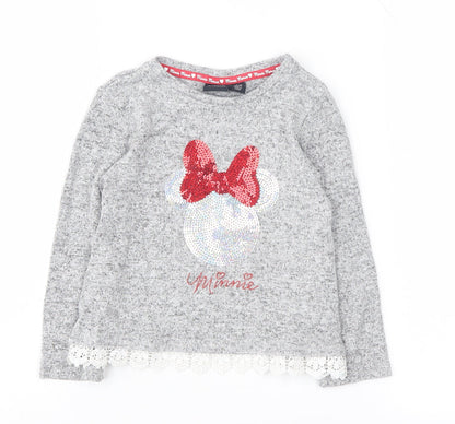 Front view of Disney girls’ grey minnie mouse sequin t-shirt 4-5 years