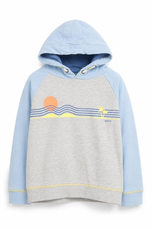 Front view of FatFace boys’ blue/grey beach print hoodie 4-5 years