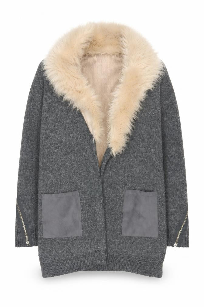 River Island Women's Grey Faux Fur Trim Coatigan Size 10