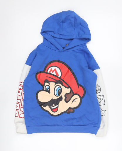 Front view of Super Mario boys’ blue pullover hoodie 7-8 years graphic print