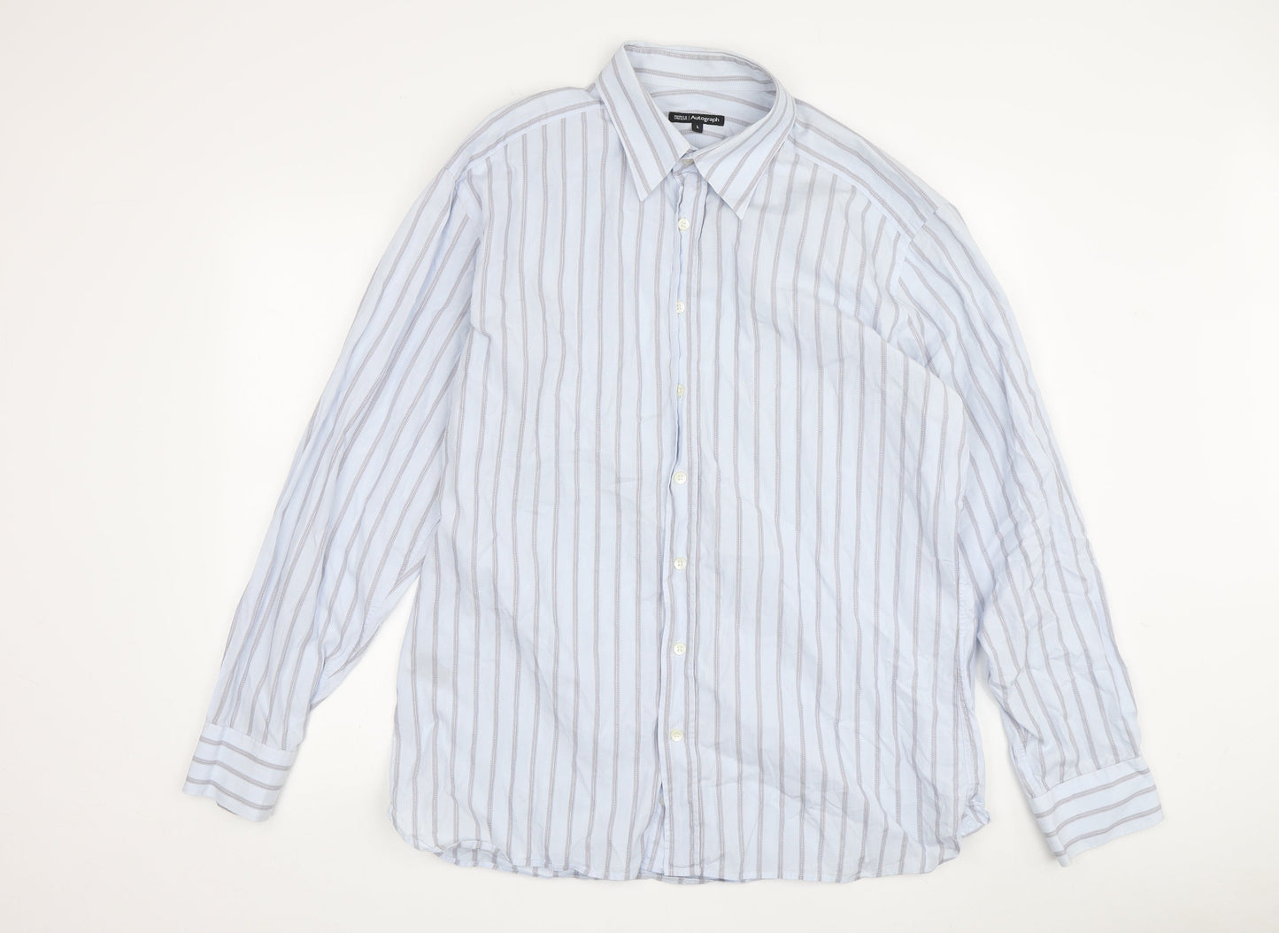 Marks and Spencer Men's Blue Striped Dress Shirt L