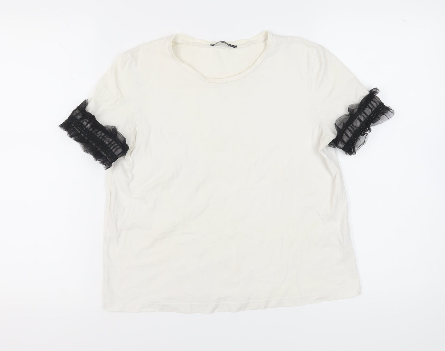 Zara Women's White Cotton T-Shirt, Size M, Ruffle Sleeve
