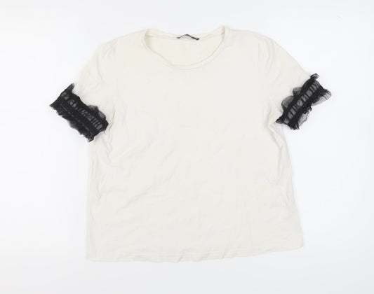 Zara Women's White Cotton T-Shirt, Size M, Ruffle Sleeve