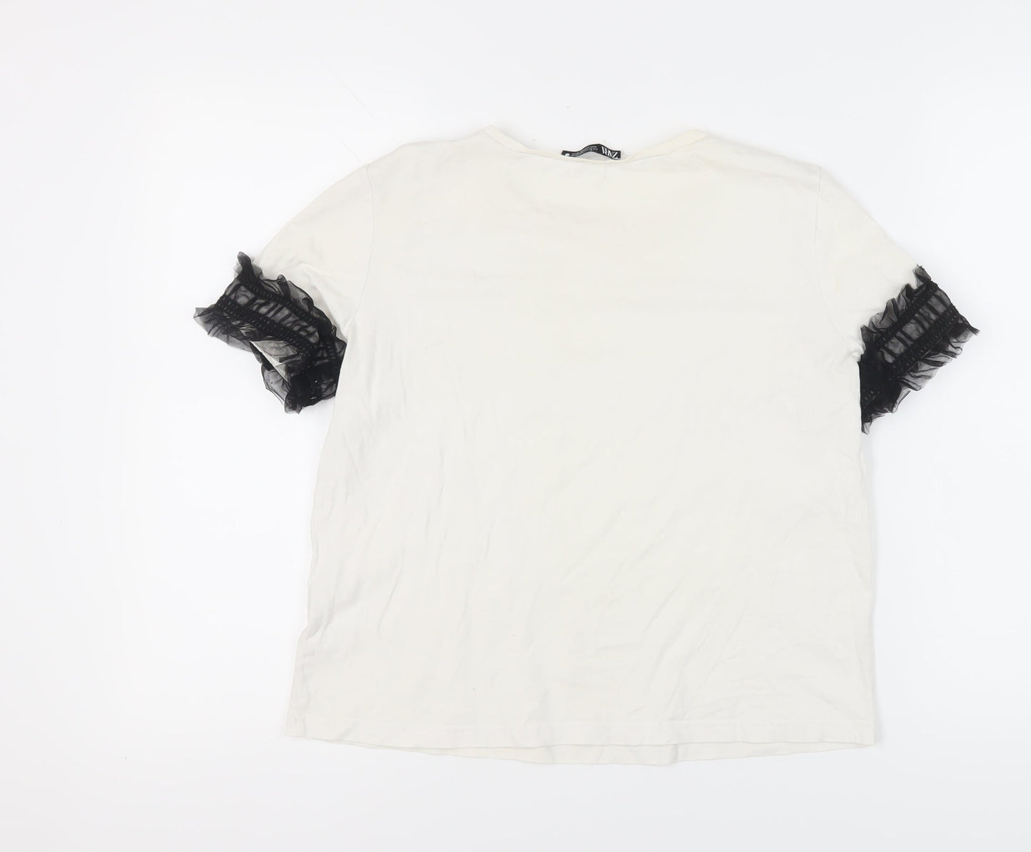 Zara Women's White Cotton T-Shirt, Size M, Ruffle Sleeve