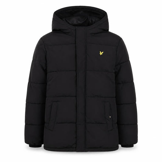 Front view of Lyle & Scott boys’ black puffer jacket 9-10 years hooded
