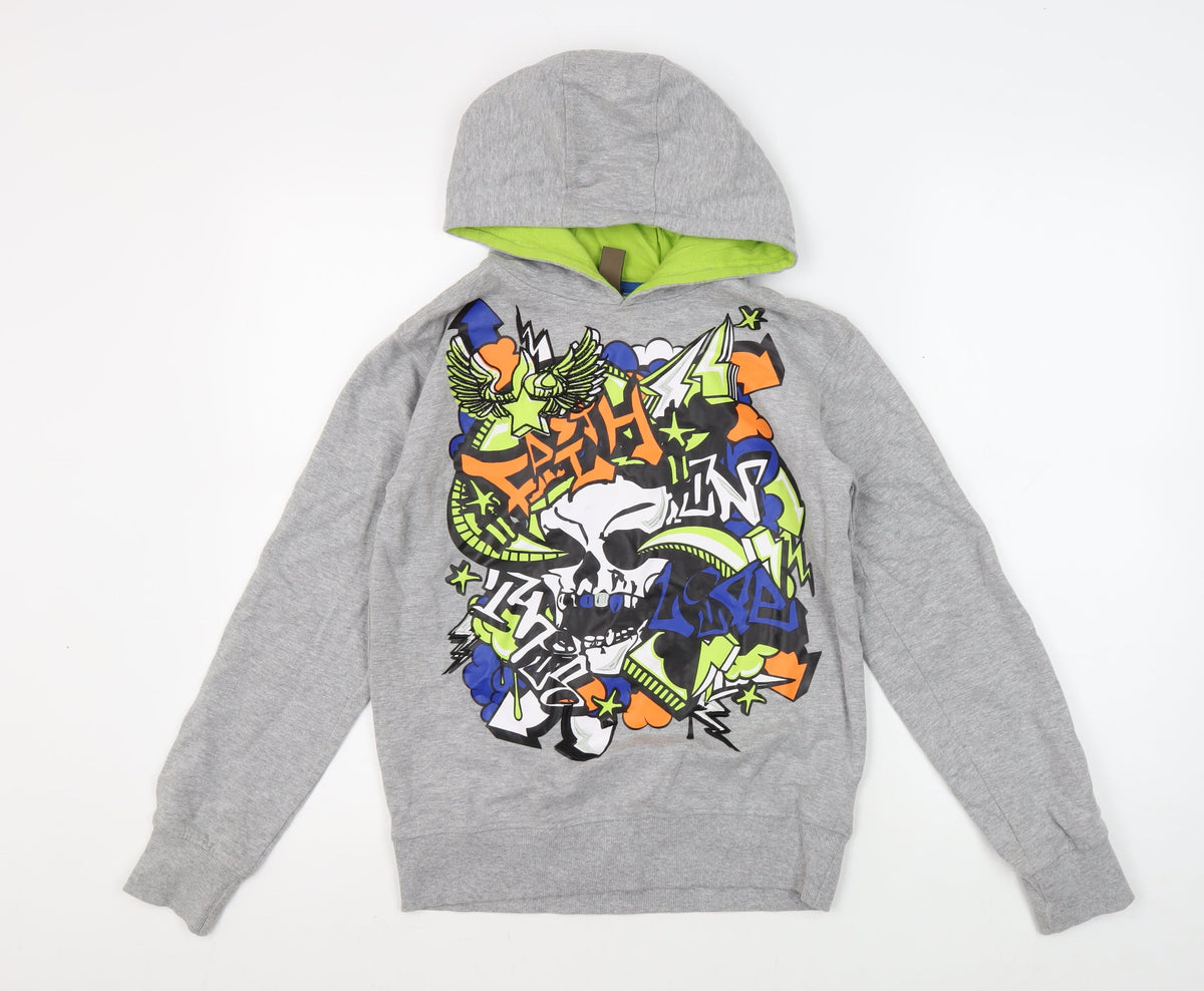 Additional front view of Urban Outlaws boys’ grey graphic print hoodie 11-12 years