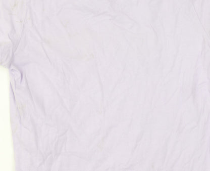 Close-up detail of Adidas girls’ purple t-shirt with logo, size 14 plus, cotton