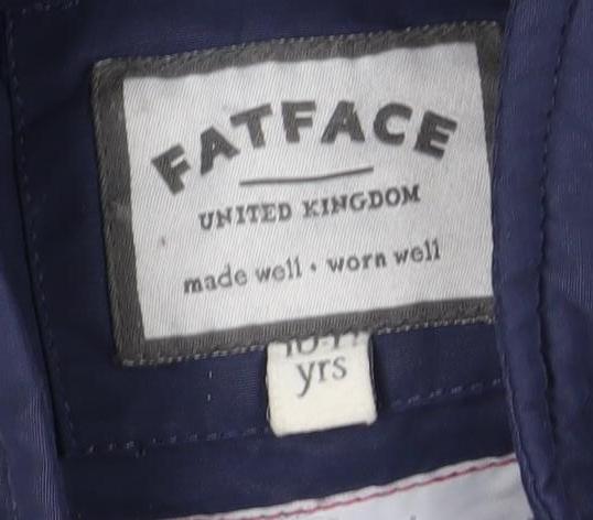 Close-up detail of FatFace girls’ blue puffer jacket, 11-12 years, autumn/winter