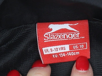 Brand and care label for Slazenger boys’ black basic jacket 9-10 years full zip