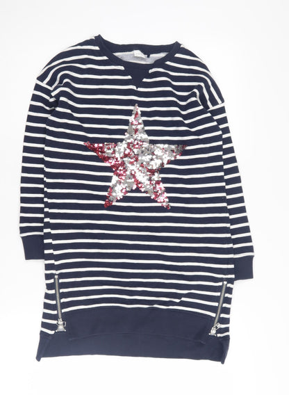 Additional front view of Next girls’ blue striped sequin star pullover sweatshirt 9 years