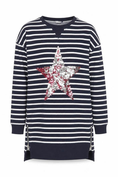 Front view of Next girls’ blue striped sequin star pullover sweatshirt 9 years