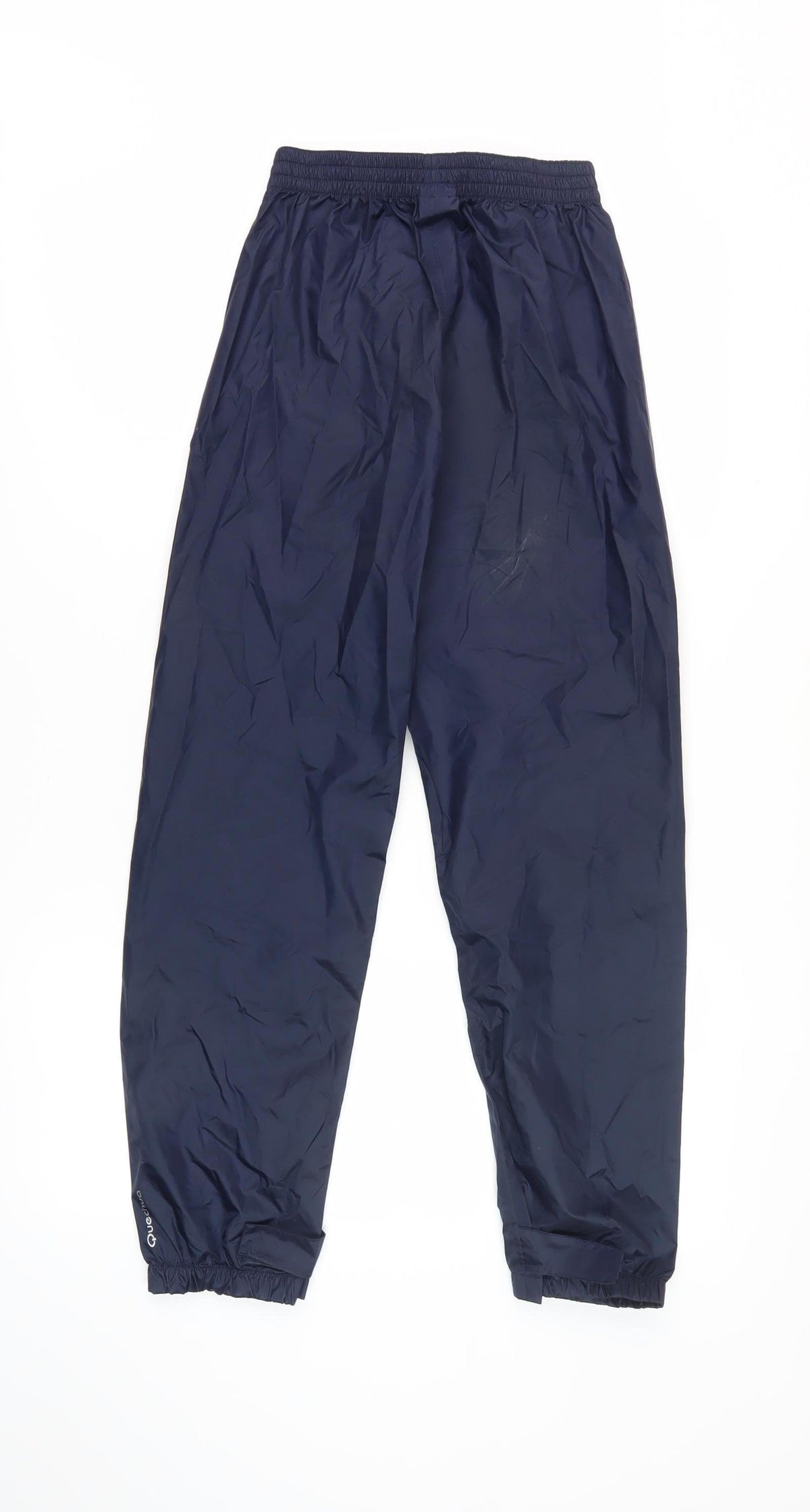 Back view of Quechua boys’ blue rain trousers, size 12, for hiking
