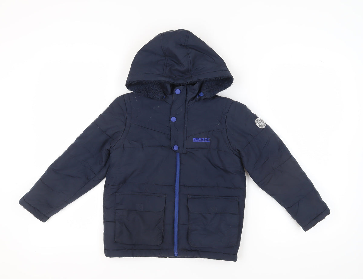 Additional front view of Regatta boys’ blue hooded puffer jacket, size 12, outdoor