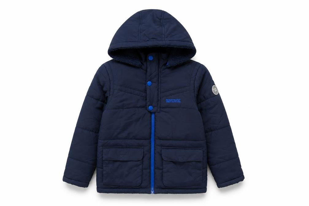 Front view of Regatta boys’ blue hooded puffer jacket, size 12, outdoor