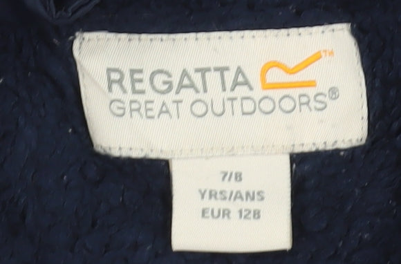 Close-up detail of Regatta boys’ blue hooded puffer jacket, size 12, outdoor