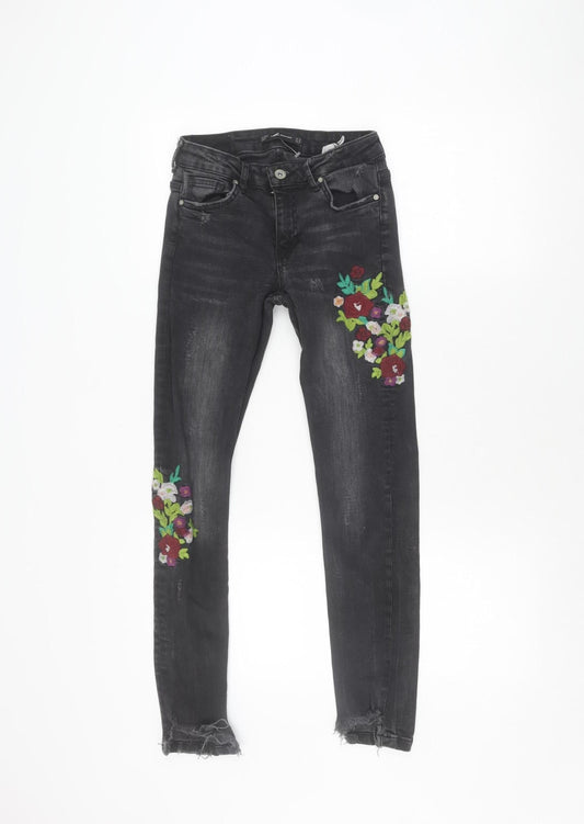 Zara Girls Black Floral Embroidered Skinny Jeans Size 6