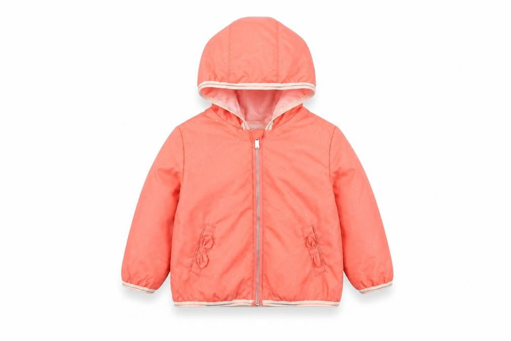 Front view of Carrément Beau girls’ pink puffer jacket 12-18 months, hooded